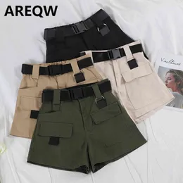 Casual High-waist Overalls Women Loose and Thin Casual Multi-pocket Shorts Military Pants Straight Belt 210507