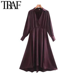 TRAF Mujeres Moda con botones Soft Touch Asimétrico Midi Vestido Vintage Puff Manga Cremallera lateral Vestidos femeninos Mujer 210415