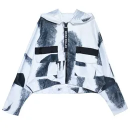 PERHAPS U Women Outwear Waterproof Windbreaker Rain Jacket Hooded Bat Sleeved Long Sleeve Gray White Print Pocket C0013 210529