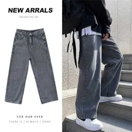 Jeans sottili primaverili ed estivi da uomo Trend coreano versatili pantaloni dritti a gamba larga sciolti jeans da pavimento di colore chiaro Saldi 211108