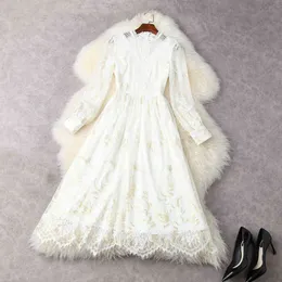 High street fashion o-nacke solid färg spets gasväv klänning 210521
