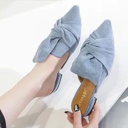 Vrouwen Slippers Flock Bowtie Biuro Mode Lage Hakken Schoenen Puntschoen Be Slip-On SHO Dam Elegante Woman Slipper