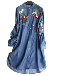 Kvinnor Casual Denim Shirt Långärmad Broderi Floral Button Down Tunic Top för Daily Wear Blusar Kläder1