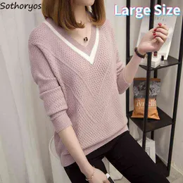 Kobiety V-Neck Swetry Loose Duży rozmiar M-3XL Sweter Z Długim Rękawem Podstawowy Dzianiny Znosić Topy Slim Elegancki Urzzang Mori-Girl Jumper Y1110