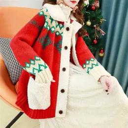 Jul Lamb Fur Stitching Stickad Sweater Kvinnor Retro Geometrisk Jacquard Cardigan Coat Kvinna Fickor Knapp 210427