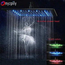 Czarne Deszczowe Głowica Prysznicowa LED Light 16 "Duże Deszczowe Prysznic Kran Głowy Kwadratowy Mosiądz Prysznic Kolor Zmiana głowicy 210724