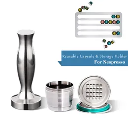 Nespresso Refillable Coffee Capsule 4PC/Set Stainless Steel Coffee Tamper Reusable Coffee Pod Business Birthday Coffeeware Gifts 210712
