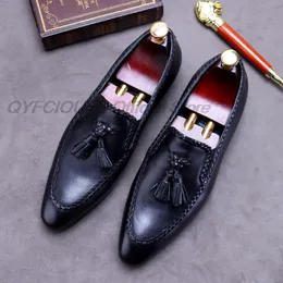 Luxury Men Dress Shoes Genuine Leather Black Tassel Wedding Loafers Double Buckles Business Office Formal Slip On Mens Shoes