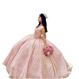 Glittery Tulle Pealrs Perline Abiti Quinceanera Rose Pink Senza spalline Corsetto Indietro Abiti da ballo Prom Sweet 16 Dress Puffy 2022