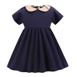 2021 Summer Checkered Dresses Baby Girls Short Sleeve Turn Down Collar Dress Designer Kids Wholesale Clothes American Clothing Q0716