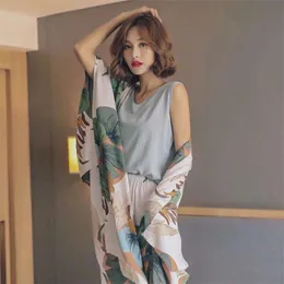 Autumn Ladies Pajama Set Cotton Satin 4Pcs Set Cardigan+Vest+Pants+Shorts Floral Printed Elegant Femme Tender Sleepwear Homewear 210928