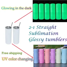 20 uncji Sublimacja UV Kolor Zmiana Glow Skinny Proste Tumblery Hurtownie Ze Stali Nierdzewnej Butelka Wody Podwójne Przenoszenie Podwójne Insulated Cups A12