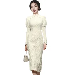 Платья вечеринки Smthma Nova Moda Elegante Pérola Complemento Médio Laço OCO Para Fora Vestido Feminino Outono Fita Cheongsam Damasco Cor Vestido Vestidos