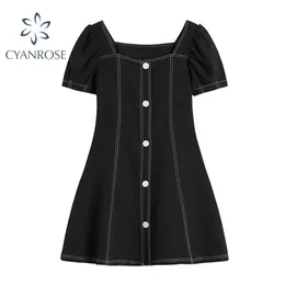 Szyte Design Damska Sukienka Z Krótkim Rękawem Blackwhite Streetwear Slim Moda Mini Sukienki Square Collar ClubWeWar Frocks 210515