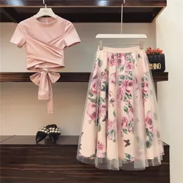 Summer Women Irregular T Shirt+Mesh Skirts Suits Bowknot Solid Tops Vintage Floral Skirt Sets for Elegant Woman 210514