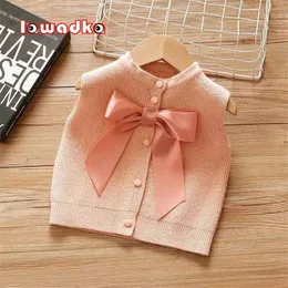 Lawadka Spring Kids Vest For Girl Fashion Bow Solid Children Cardigan Sweater Outwear Sleeveless Baby Waistcoat Clothes 211203