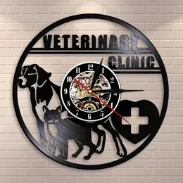 獣医診療所獣医師の壁掛け犬と猫のケア獣医院の病院ビニールレコードの壁掛け時計動物愛好家獣医贈り物210930