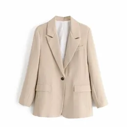 Vintage Bayanlar Cep Takım Elbise Sonbahar Krem Moda Kadın Ceketler Singe-Düğme Kadın Mont Casual Kızlar Çentikli Ceket 210430