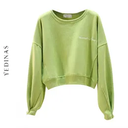 Yedinas Autumn Harajuku Hoodie Pullover Long Sleeve Casual Hoodies Sweatshirt Women White Streetwear Crop Top For Girls 210527