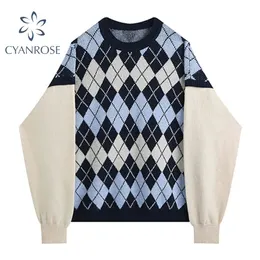 Padrão Argyle Spled Pullover Malhas e Camisola Coreano Vintage Manga Longa Spring Oversized Ol Clássico Tops Tops 210417