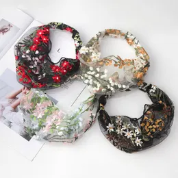 Szeroka opaska na głowę dla kobiet etniczne hafty kwiat siatki szerokie krawędzi opaski koronki bandaba turban głowy akcesoria do włosów