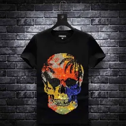 Plus Size Fashion Skull Rhinestones T Shirts Men Brand Short Sleeve Man Streetwear O Neck Slim Tshirts Calaveras Camiseta 210409