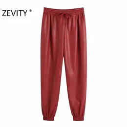 ZEVITY Moda donna tinta unita casual PU pantaloni harem in pelle chic elastico in vita Pantaloni femme pantalones mujer P950 210915