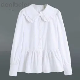 Women Sweet Fashion With Peter Pan Collar Ruffled Blouses Vintage Long Sleeve Button-Up Female Shirts Chic Tops 210604