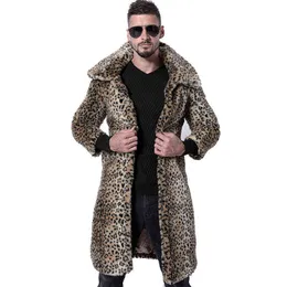 Höst lång faux päls läder jacka mens vinter tjockna varm leopard print päls läderrock män lösa jackor lapel 211213