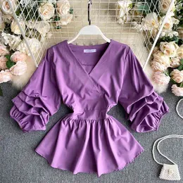 Women's Spring / Summer Shirt Top Fashion V-neck Three Quarter Bow Lacing Waist Pleated blouse Y831 210507