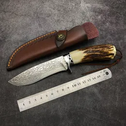Handgjorda VG10 Damascus Blade Stag Handle Rak kniv med läderhölje Camping Utomhusjakt Taktisk växelförsvar Fixed Blad Knives