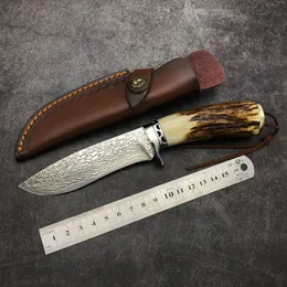 Handmade VG10 Damascus Blade stag handle Straight Knife With Leather Sheath Camping Outdoor Hunting Tactical Gear Defense Pocket fixed blade Knives