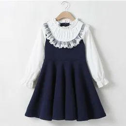 Miembro School Nosić Nowe Dziewczyny Odzież Dress Baby Casual Dress Dzieci Patchwork Spadek Ubrania Dzieci Długie Rękaw Sukienka Niebieski White Q0716
