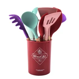 Matlagning Set Wooden Non Handle Stick Spatula Sked med köksredskap Förvaringsfat 12 stycken silikon ZYY879