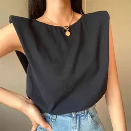 OMSJ Elegant T-shirt With Shoulder Pads Summer Womens Loose Casual Sleeveless Pullover Street Style Fashion Confort 210517