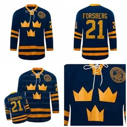 Thr # 21 Peter Forsberg Jersey equipe Suécia Gelo Hóquei Jerseys Bordado 100% Personalizado Azul Stithed Seu Número de Nome
