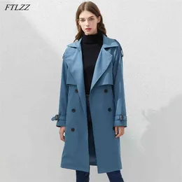 Vår Höst Dubbelbröst Lång Trench Lapel Jacka Kvinnor Vintage Belt Coat Cloak Windbreaker Outwear Blue Parka 210430