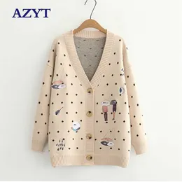 AZYT Autumn Dot Cartoon Print Knit Cardigan Women V Neck Long Sleeve shirt Tops Female Harajuku Sweater Coat 211011