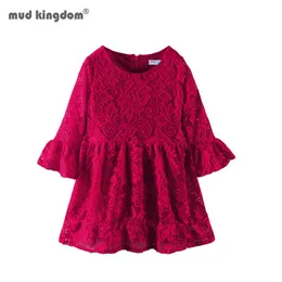 Mudkingdom Little Girl Dress Flared Z Długim Rękawem Koronki Moda A-Line Jesień Dzieci Odzież 210615