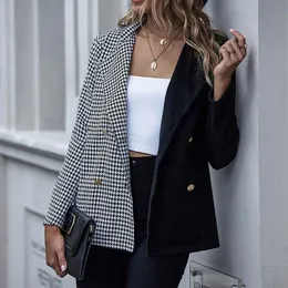 Plaid Patchwork Women Coat Fashion Turn Down Neck Double Breasted Long Sleeve Blazer Jacket W253 210526