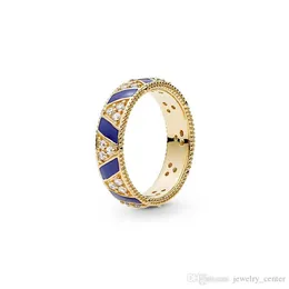Oryginalne Nowy 18 K żółty Pozłacane Zestawy pierścieniowe Oryginalne pudełko na Pandora 925 Srebrne Blue Stripes Kamienie pierścionek Kobiety Męskie Prezent Biżuteria Pierścień