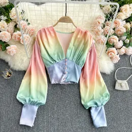 SINGREINY Design Gradient Regenbogen Farbe Bluse Frauen Mode V-ausschnitt Puff Sleeve Slim Tops Sommer Sexy Streetwear Kurze Blusen 210419