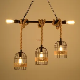 Pendelleuchten Landschaft Vintage Licht Loft Seil Bambus Eisenkäfig Hängelampe Handgestrickte Beleuchtungskörper für Restaurant Bar