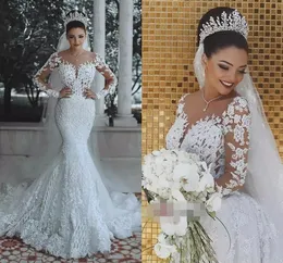 2021 Abiti da sposa da sposa con lacci e applicazioni a maniche lunghe con scollo a sirena vintage bianco più recente 2021. Abiti da sposa