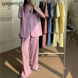 Gaganight Work Pant Suits Ol 2 Piece Set dla Kobiet Wiosna Lato Krótki Rękaw Blazer i szerokie spodnie nóg Zestawy Office Lady Stroje 211105