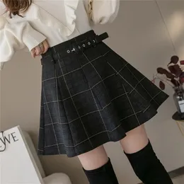 格子縞のウールのスカートの女性の秋と冬の韓国のハイウエストファッション服Faldas Largas MujerスカートP371 210527