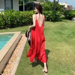 Strandkjol kvinnliga sommarkvinnor 2021 hängslen sexiga rygglösa slandsjöns semester stor röd super fairy strandkläder kvinnors badkläder