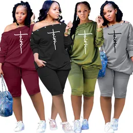 Sommar Casual Shorts Tracksuits Outfits Långärmad T-shirt Två Piece Set Jogging Sportsuit Fashion Letter Print Slash Neck Kläder K8699