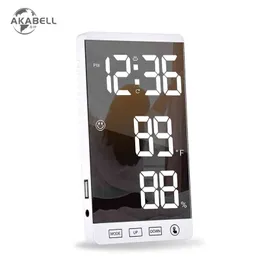 AKABELL Digital Alarm Clock Mirror Touch Wall Clock LED Time with Temperature Humidity Display USB Port Table Electronic Clock 211111