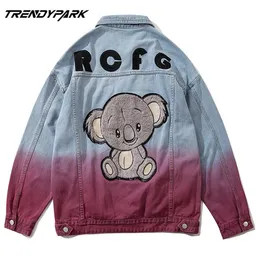 Mężczyźni Denim Kurtka Płaszcz Hip Hop Patchwork Haft Bear Denim Jacket Streetwear Casual Jesienne Jeans Kurtka Oversize 210601